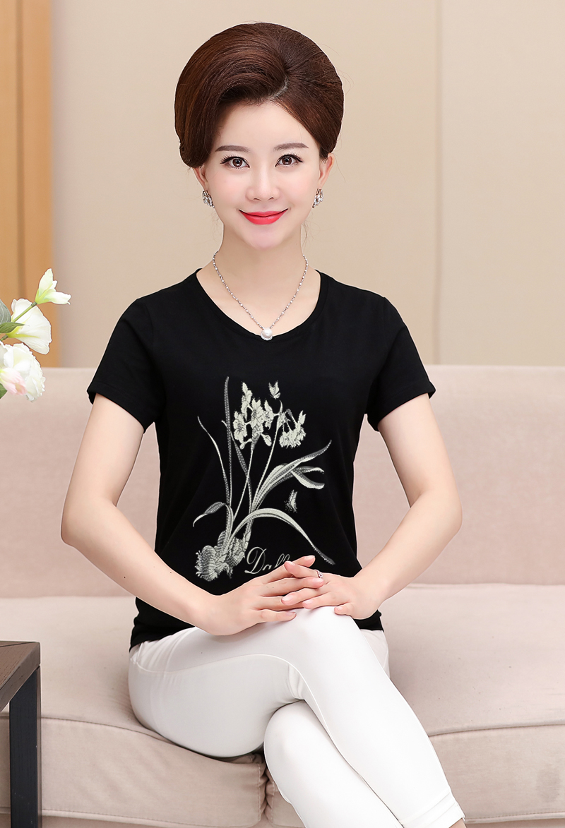 Mới mùa xuân và mùa hè ngắn tay t-shirt nữ vòng cổ phương thức bông trung niên sọc áo của phụ nữ áo sơ mi loose mẹ ăn mặc