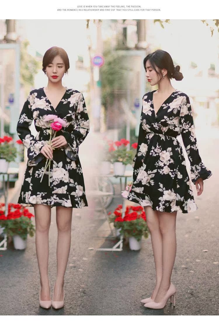 Xuân hè 2019 mới tay dài tay váy hoa dáng lửng cổ chữ V ngọt ngào ngọt ngào Một chiếc váy xòe chữ hoa váy xòe đẹp