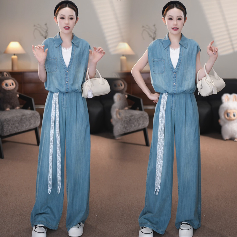 Fashion Denim Set for Women 2026 Summer New Style Loose Fit, Flattering Patchwork Fake Two-Piece Top and Wide-Leg Pants Two-Piece Set