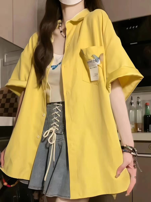 Japanese-Style Dopamine Yellow Short-Sleeved Shirt for Women, Summer Design, Niche and Unique, Preppy Style, Loose-Fitting, Sun-Protective Shirt