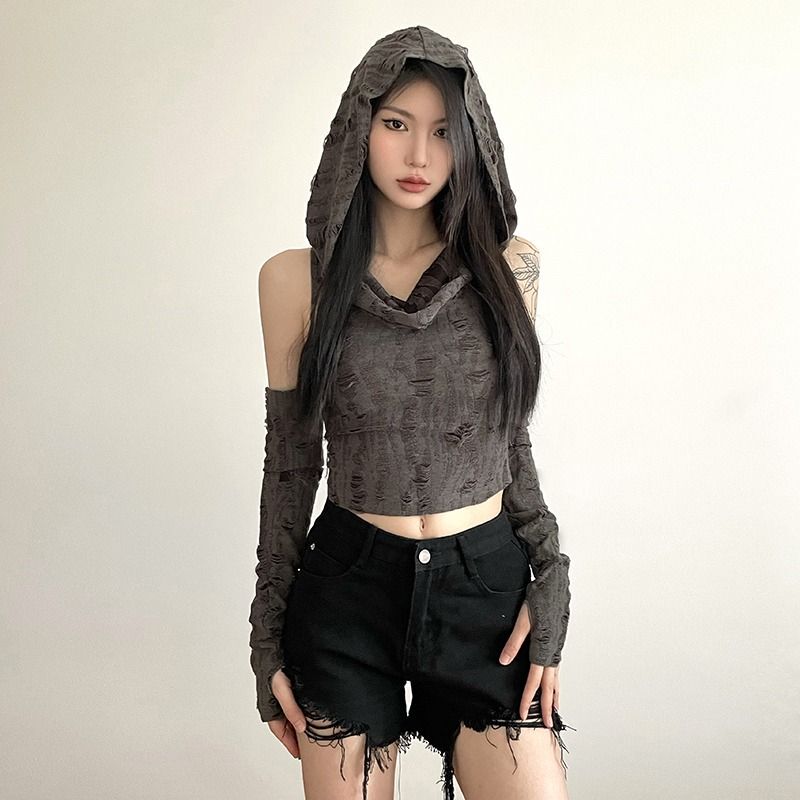 American Retro Wasteland Style Ripped Hooded Sleeve T-Shirt for Women, Summer Hot Girl Chic Slim-Fit Short Design Top