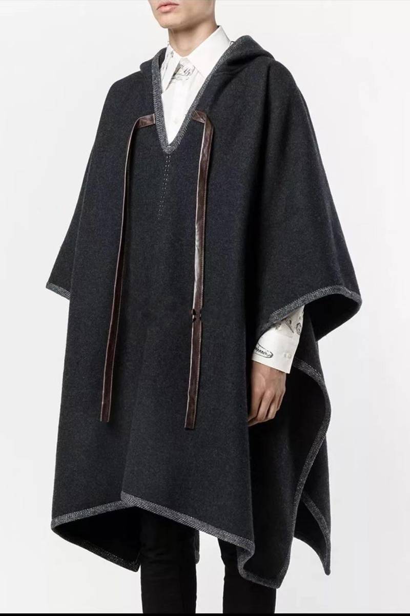 Japanese retro coat Men's medium and long version of autumn and winter cape shawl coat tide dark gray pullover cape hair