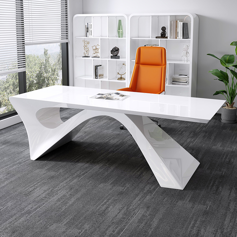 Fashionable White Lacquered Executive Desk, Simple Modern Ceo Desk, Creative Executive Desk, Office Desk and Chair Set