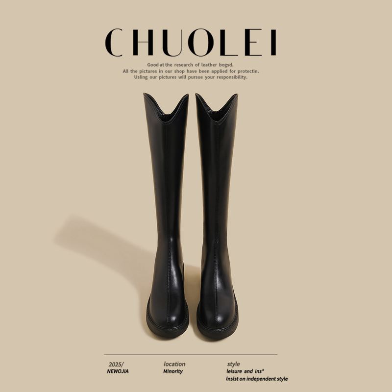 Spring New Versatile V-Cut Riding Boots for Women, Black Popular Style with Back Zipper, Medium Chunky Heel, Over-The-Knee Long Boots