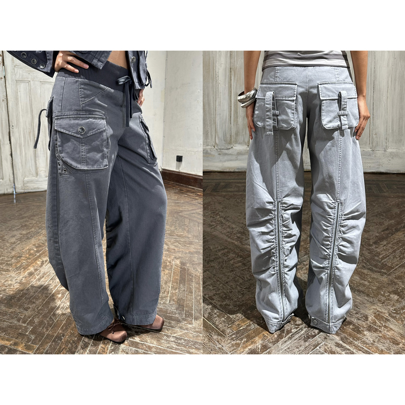 Hol!Day 2-Color Heavy-Duty Washed Pure Cotton Pocket Drawstring Ribbed Waist Baggy Loose Scimitar Work Pants Hol!Day 2-Color Heavy-Duty Washed Pure Cotton Pocket Drawstring Ribbed Waist Baggy Loose Scimitar Work Pants