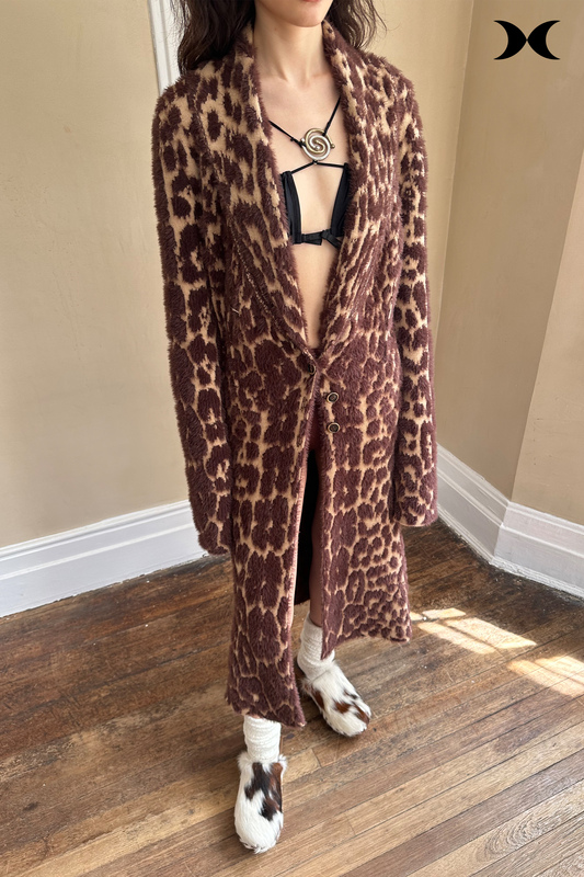 Hol!Day Heavy Animal Print Faux Mink Fur Blend Knitted Sweater with Large Lapel, Robe-Style Long Coat