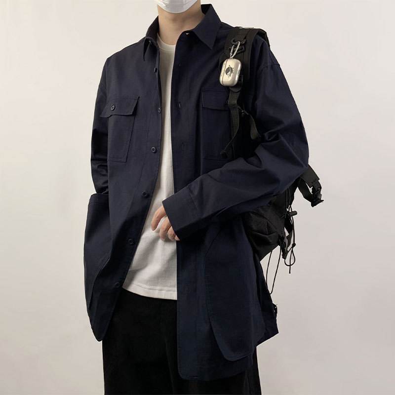 Uncle Kimura Dk Japanese Retro Loose Work Shirt for Men, Versatile Casual Navy Blue Long-Sleeve Jacket for Spring and Autumn