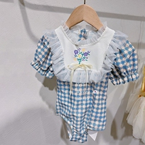 Girl Conjoined Swimsuit Korean Version Childrens Clothing 2022 Summer New Foreign Air Princess Plaid Embroidered Little Girl Swimsuit
