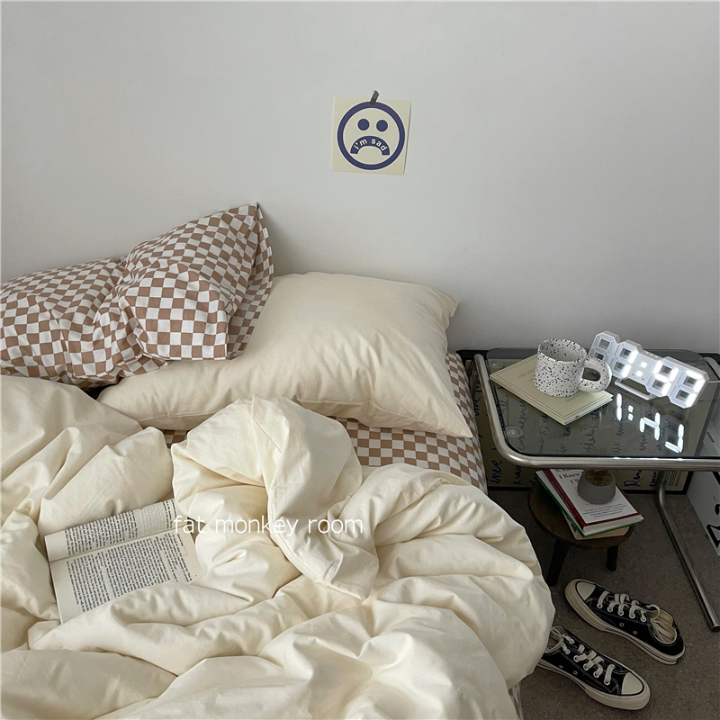 n sub-square bedroom |ins day-style chessboard mix hitch full cotton combed washed bed taster four pieces single three-three-style