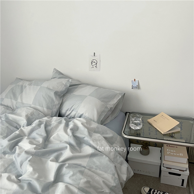 Time never speaks｜ins Japanese checkerboard haute couture combed cotton bedding four-piece set single three-piece