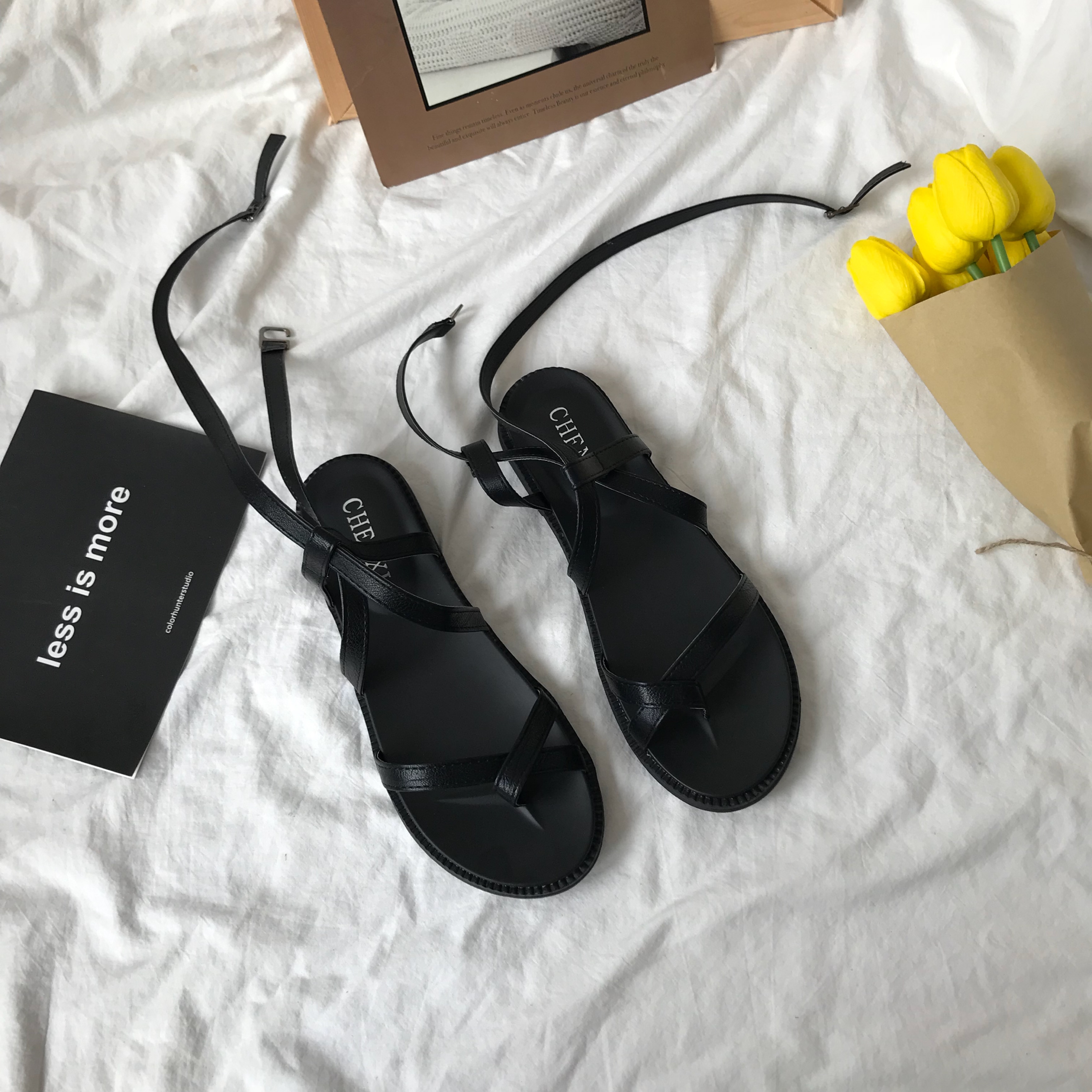 Phong cách hàn quốc ulzzang retro chic tính hoang dã giản dị chéo với mở ngón chân đường đánh bại phẳng ins dép nữ mùa hè sandal nữ
