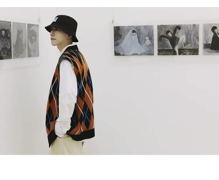Nhật Bản retro nhấn màu kim cương lưới không tay đan vest nam lỏng V-cổ vest vest mùa thu và mùa đông áo len không tay