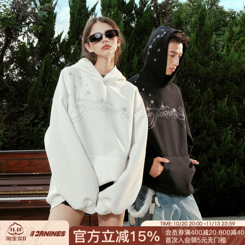 Fornines Star Embroidery Heavyweight Sweatshirt for Men and Women, Couple Wear, Trendy Brand, Spring and Autumn Fleece-Lined Hoodie, American Style Jacket