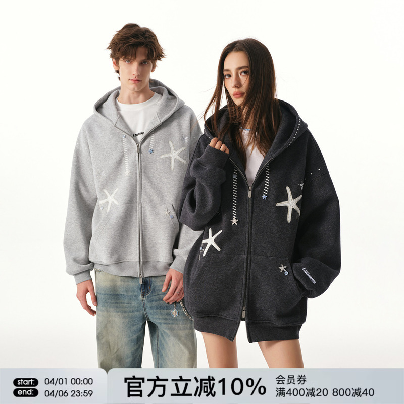 Fornines Embroidered Double Zipper Sweatshirt for Men and Women, Couple Hoodies, Trendy Brand 2026 Spring New Cardigan Jacket