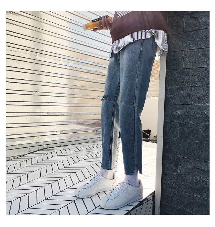 Mùa xuân và mùa hè mới giặt cắt quần jean mỏng Slim Hàn Quốc lỗ chín quần quần nam chân quần áo thể thao nam