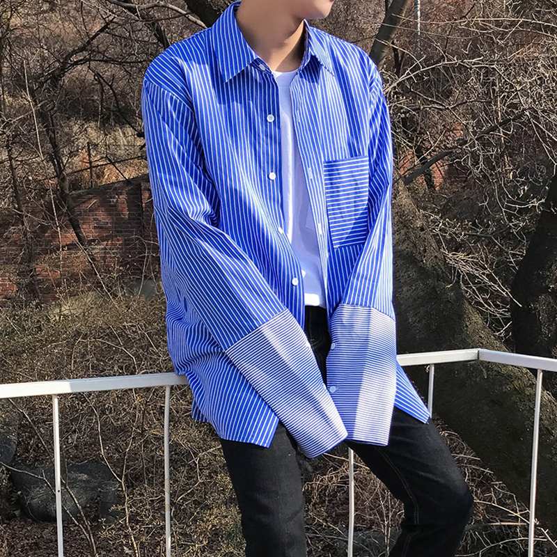 日系个性袖口设计男士宽松版文艺青年条纹百搭长袖衬衫潮衣服外套