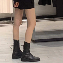 Top layer cowhide ~ rear lace leather thick heel Martin boots female British style black handsome mid-tube motorcycle boots short boots