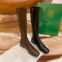 2021 new thin elastic boots womens square head thick heel leather boots high boots but knee knight boots