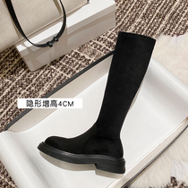 Suede thin elastic boots womens 2022 new but knee-high boots inner round toe thick-soled high-tube knight boots