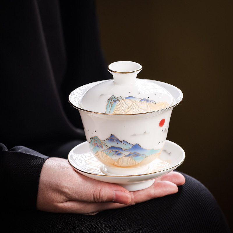 New product cover bowl tea cup large poly fragrance type Dehua white porcelain three talent bowl ceramic kung fu tea set gold tea brewing device respect