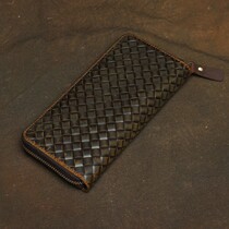 New Shi Carpenter Xin first layer cowhide wallet Simple woven pattern oil leather mens clutch multi-card single elongated section
