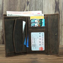 New simple retro cowhide mens wallet business wallet handmade medium-long genuine leather three-fold ticket holder Crazy Horse leather