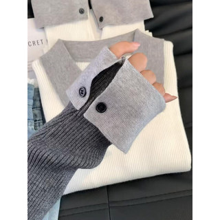 Commuting Color-Block Polo Collar Long-Sleeve Women's Light Business Style Sweater Knitwear Autumn and Winter Vintage Inner Layer Top