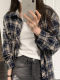 American Retro Plaid Shirt for Women in Spring and Summer, Polo Collar Sun Protection Top, Lazy Style, Loose Fit, Thin Long Sleeves