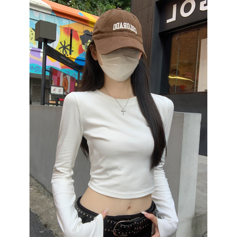 Short, Off-The-Shoulder Crop Top, Sweet and Spicy Style, Base Layer Top, Spring and Autumn, White Basic Long-Sleeve T-Shirt for Women