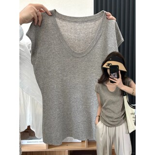 French-Style High-End U-Neck Ice Silk Knitted Short-Sleeve T-Shirt for Women, Summer Soft and Gentle Flutter-Sleeve Thin Base Shirt
