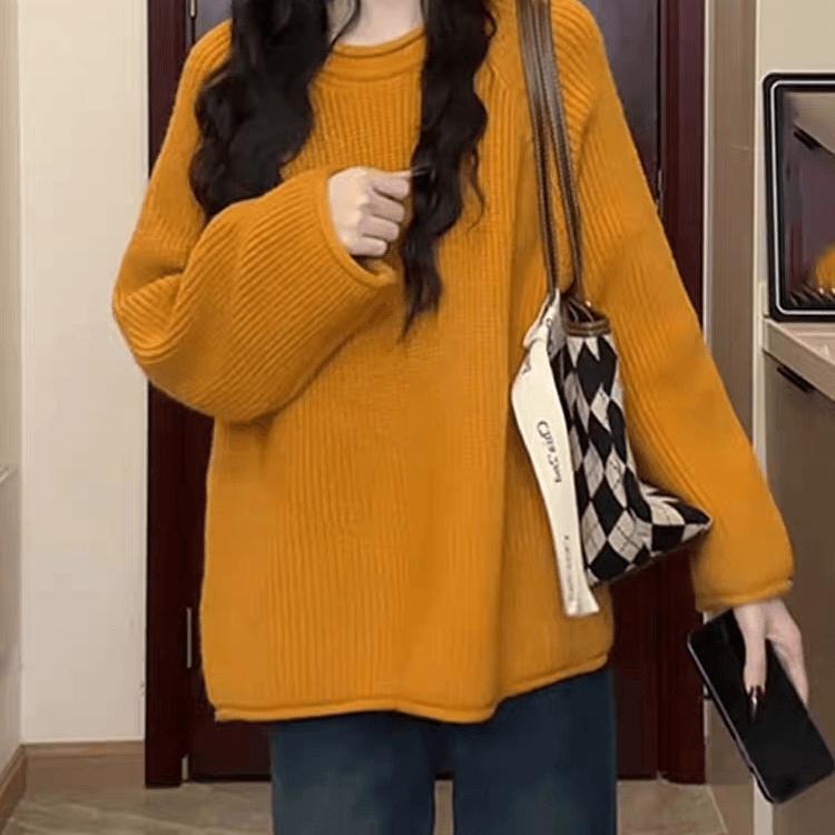 Orange Round-Neck Pullover Sweater for Women, Autumn Korean Style, Atmospheric Outfit, Lazy Style Knitwear, Winter Chic Top