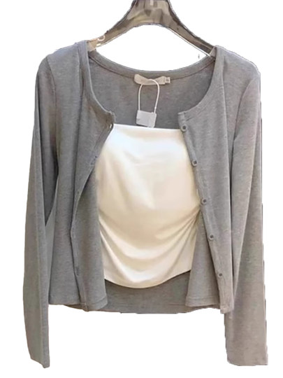 Gray Single-Breasted Knitted Cardigan for Women, Spring/Summer 2026 New Minimalist Style Casual Petite Jacket Long-Sleeve Top