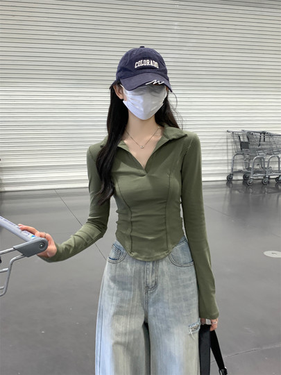 Fishbone Line Polo Collar Regular Shoulder Top for Women 2026 Spring and Autumn Slim Fit Irregular American Style Spicy Girl Long-Sleeve Base T-Shirt