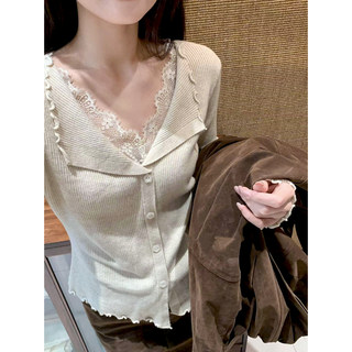 Lace V-Neck Ruffled Knit Cardigan for Women, Autumn and Winter, High-End Inner Wear Top, Ins-Style, Elegant and Fashionable Base Sweater