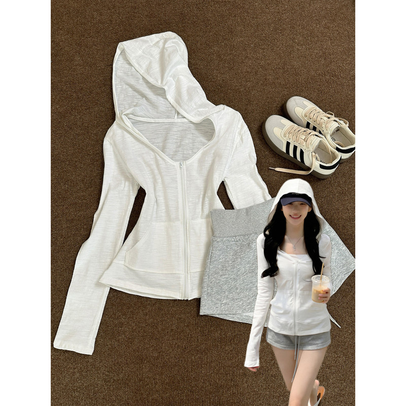Casual and Relaxed Style Hooded Long-Sleeved Top, Summer Lightweight Sun Protection Outerwear, Sweet and Cool Sexy Slim-Fitting Cardigan Jacket for Women