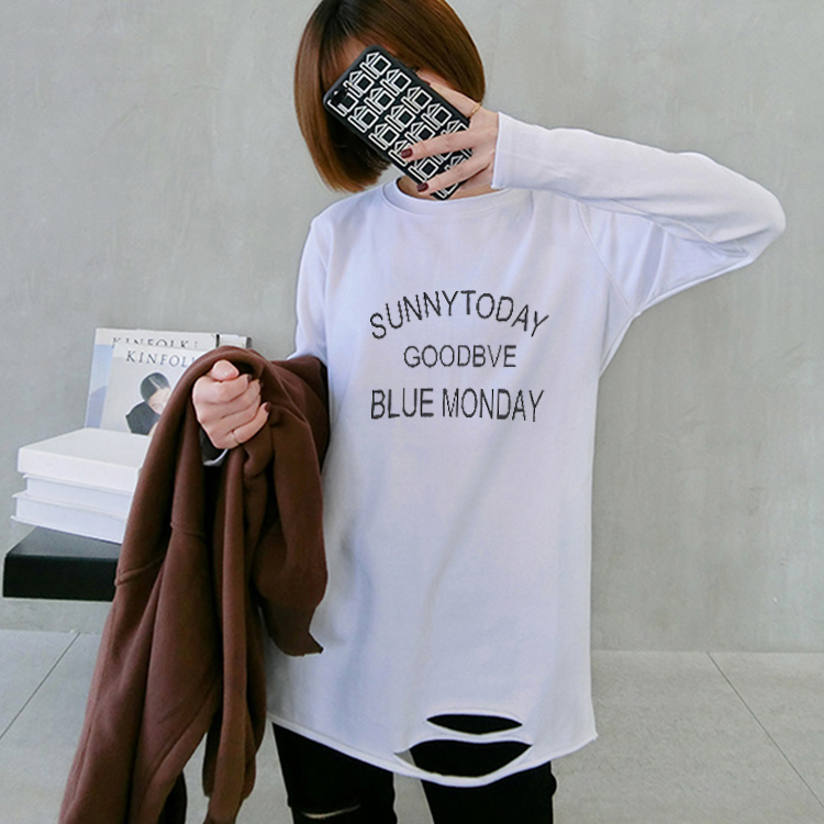 Pure Cotton Inner Hitch Inside Lap Break Hole 2022 Spring Autumn Winter Long Sleeve T-shirt Woman Loose Medium Long Version 100 Hitch Blouse