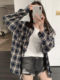 American Retro Plaid Shirt for Women in Spring and Summer, Polo Collar Sun Protection Top, Lazy Style, Loose Fit, Thin Long Sleeves