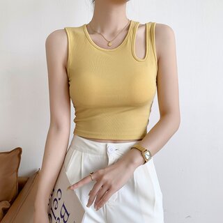 Women's 2026 Summer Hot Girl Style Irregular One-Shoulder Crop Top with Chest Pads and Hollow-Out Straps, Suitable for Wearing Outside as a Sports Tank Top