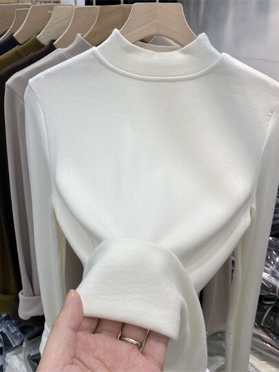 Skin-friendly facial mask inner layer 2025 early spring, autumn and winter thin velvet semi-turtle collar long-sleeved T-shirt for women bottoming shirt tops for women