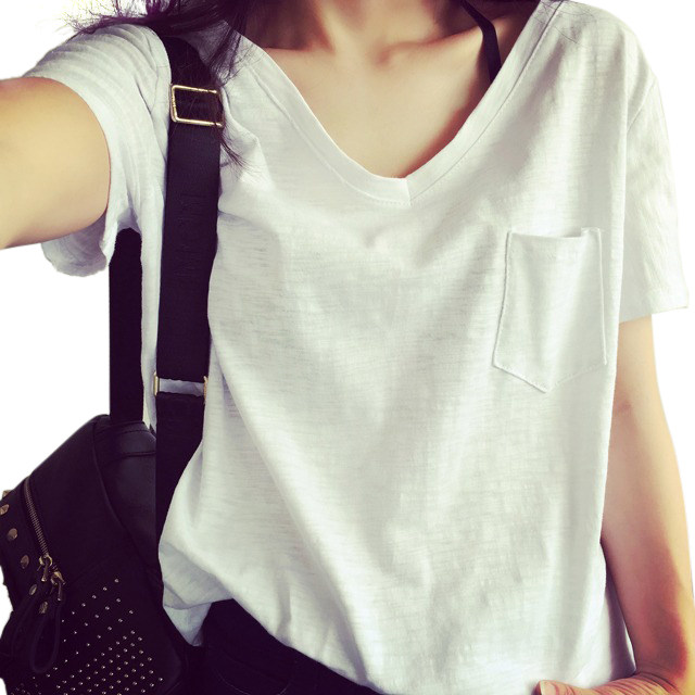 2024 summer short-sleeved bamboo cotton white T-shirt women's Korean style pocket loose V-neck inner wear super hot ins trend