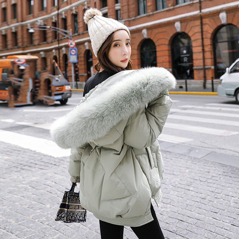 Down jacket women's 2021 new style small loose and thin mid-length large fur collar white duck down winter thickened coat