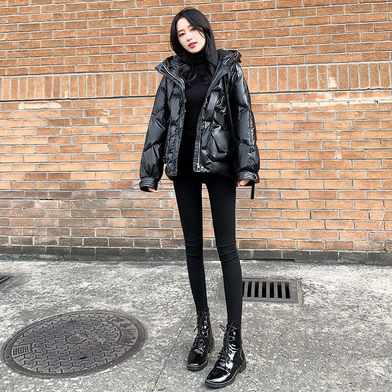 Down Jacket Woman Short 2021 Winter new Korean version Black bright face Even cap Thickened White Duck Suede Jacket