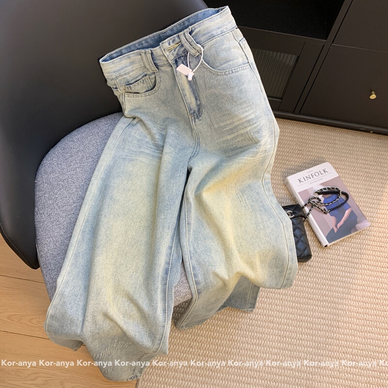 Kor-Anya Vintage Design Fine Glitter Gold Foil Wide-Leg Jeans for Women Summer High-Waisted Slimming Straight Long Pants