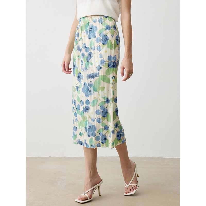 Hu Ke's Buyer's Store Evourse Blueberry Bubble Print Pleated High-Waisted Slimming Mid-Length Skirt