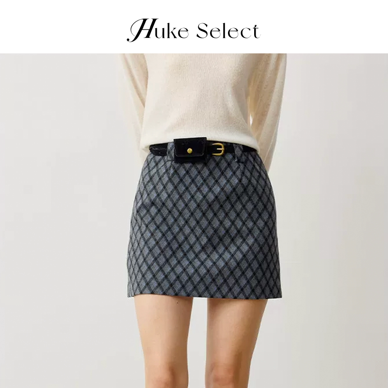 Huke's Buyer's Store Evourse Winter Checkered A-Line Skirt with Belt and Small Bag Vintage Half Skirt