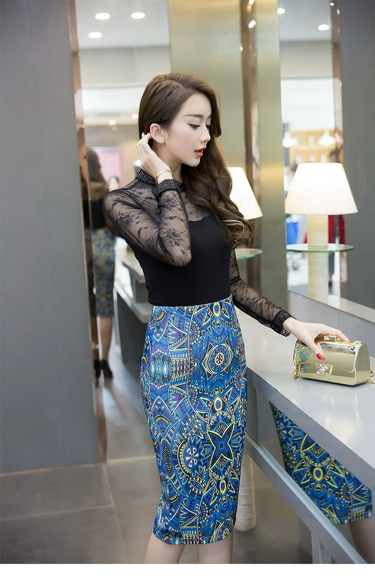 Slim High Waist Print Skirt Bag Hip Skirt Blue Printing OL Pencil Skirt Office Bodycon Midi Skirt Plus Size plaid skirt