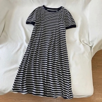 Summer Korean version of foreign style simple color color round neck short sleeve striped dress female loose lazy high waist casual skirt thin