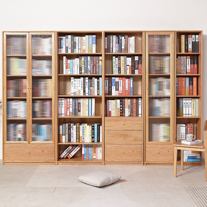 Wood Wax Oil Solid Wood Combination Bookcase Nordic Storage Rack Oak Background Wall Integrated Full Wall Bookcase Study Room Full Surface