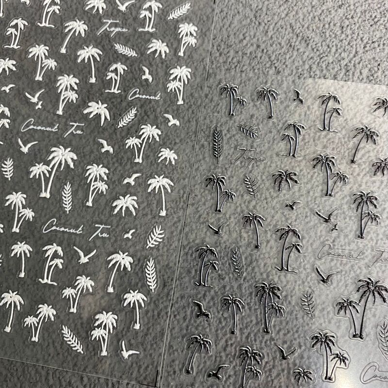 Summer Vacation Beach Palm Tree Coconut Tree Embossed Nail Stickers Sunset Black and White Coconut Tree Nail Decoration Stickers
