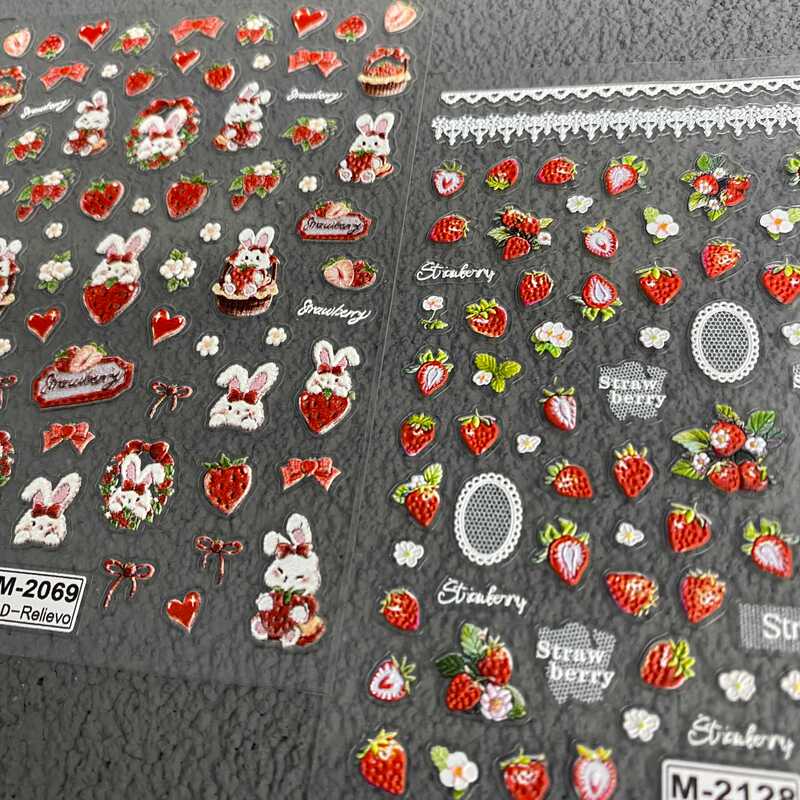 Strawberry Rabbit Nail Art Stickers Embossed Sweet Cute Bunny Journal DIY Stickers Flower Basket Nail Decals